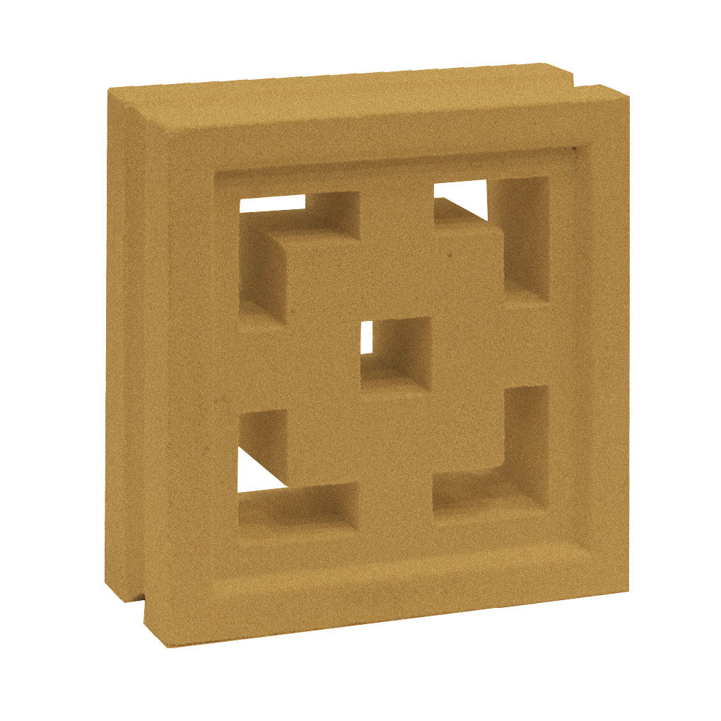 The Tong breeze block by New York Cement Tile features geometric cutouts, ideal for stylish mid-century modern partitions.