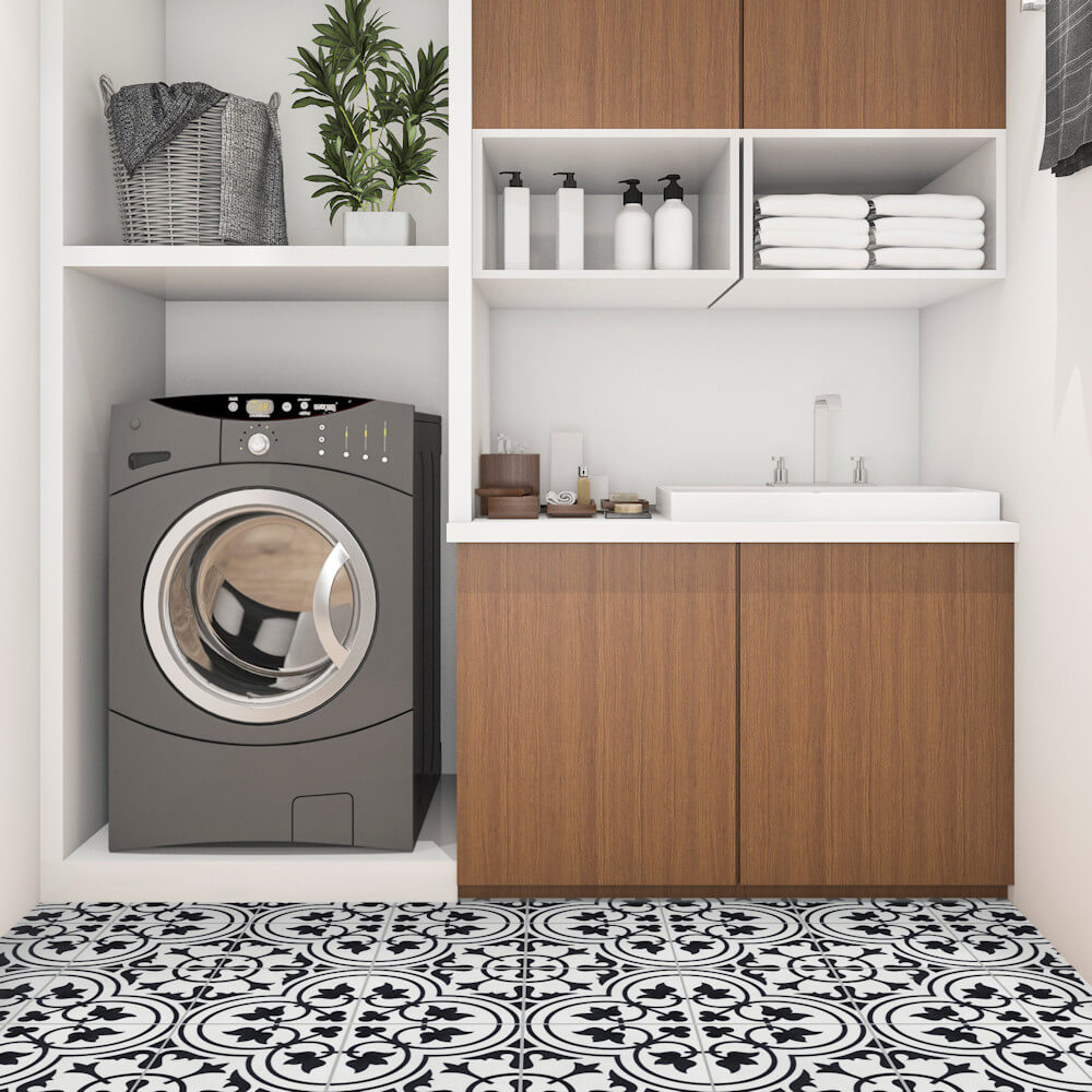 Modern laundry room with washing machine, sink, shelves, and N20-045 White cement tiles by New York Cement Tile.