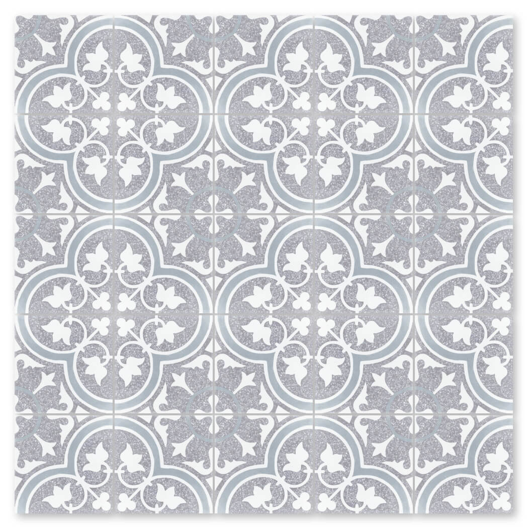 NT20-045 Holland Grey by New York Cement Tile offers elegant, durable gray and white terrazzo tiles with floral, geometric designs.