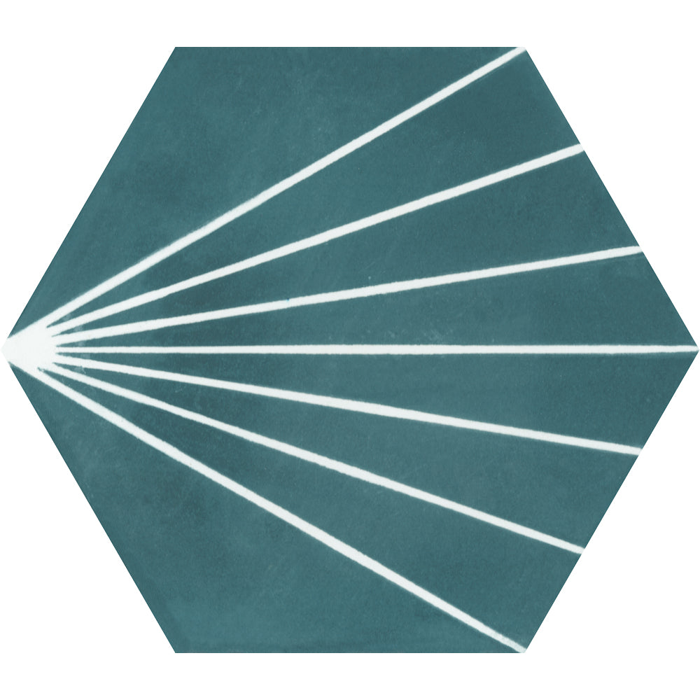 NH23-036 - 4455 Extra Sample by New York Cement Tile: hexagon tile with teal background, white lines from one corner.