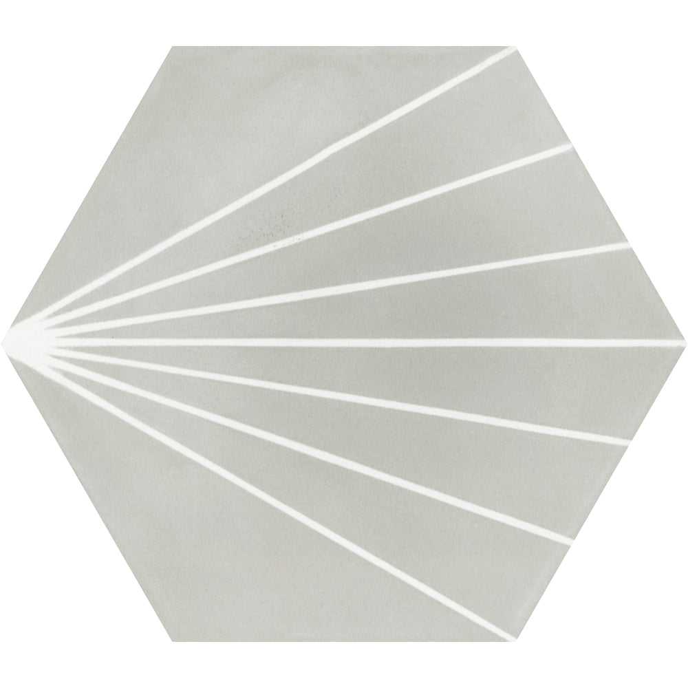 New York Cement Tile's NH23-036 -G&W2219 Extra Sample: hex tile, light gray with white lines radiating from one corner.