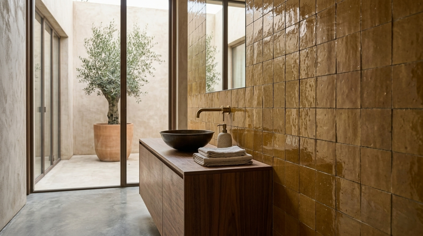 Bathroom with wooden vanity, brown tiles, and a plant