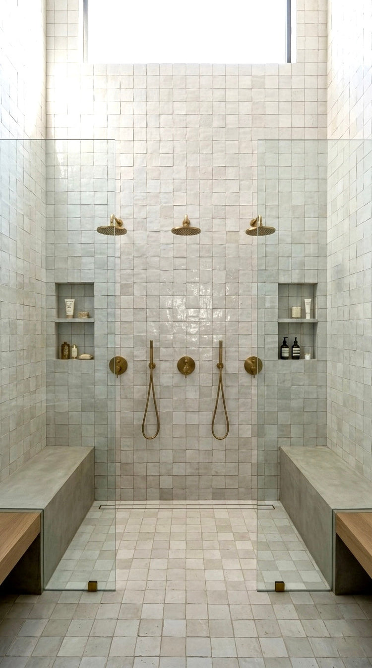 A vase with pale dried flowers sits on a white sink in front of a tiled wall. An old brass faucet, a round fixture, and part of a tarnished mirror are also visible. The image has a beige border.