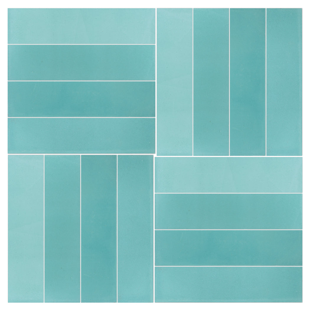 Four blue-green tile panels arranged in a square, each with vertical or horizontal rectangular tiles separated by white grout lines, creating a geometric pattern.