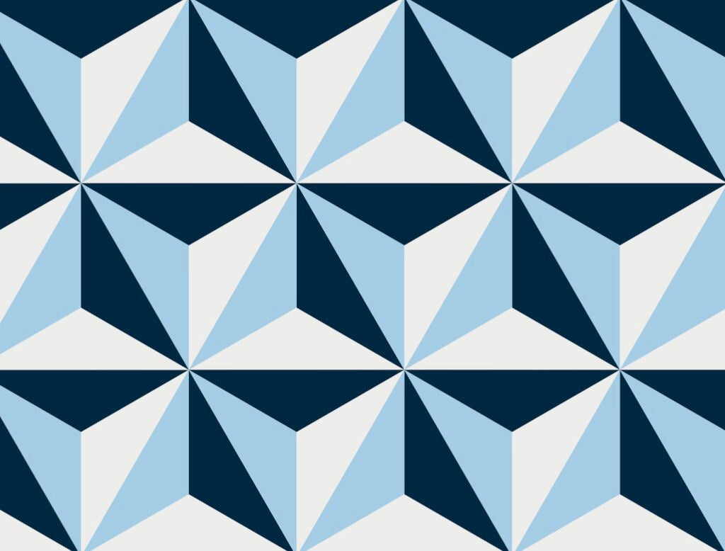 Geometric pattern of repeating triangles and diamond shapes in dark blue, light blue, and white, forming a three-dimensional optical illusion across the image.