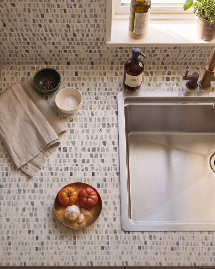 A kitchen countertop with a beige towel, bowls of salt and pepper, a plate with tomatoes and garlic, and a stainless steel sink beside bottles of olive oil and soap near a window with a potted plant.