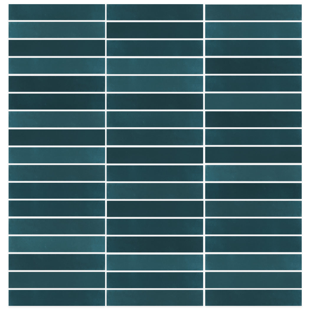 A grid of 2X12-Solid Aegean tiles by New York Cement Tile, dark teal with thin white grout, arranged neatly.