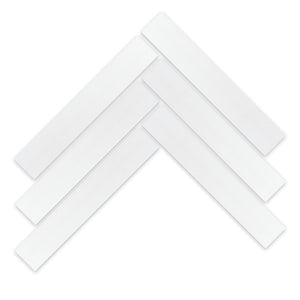 Five 2X12-Solid White tiles by New York Cement Tile arranged in a herringbone pattern on a plain white background.