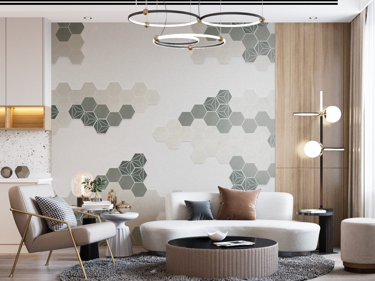Modern living room with geometric-patterned accent wall, round white sofa, armchair, coffee table, and contemporary lighting.