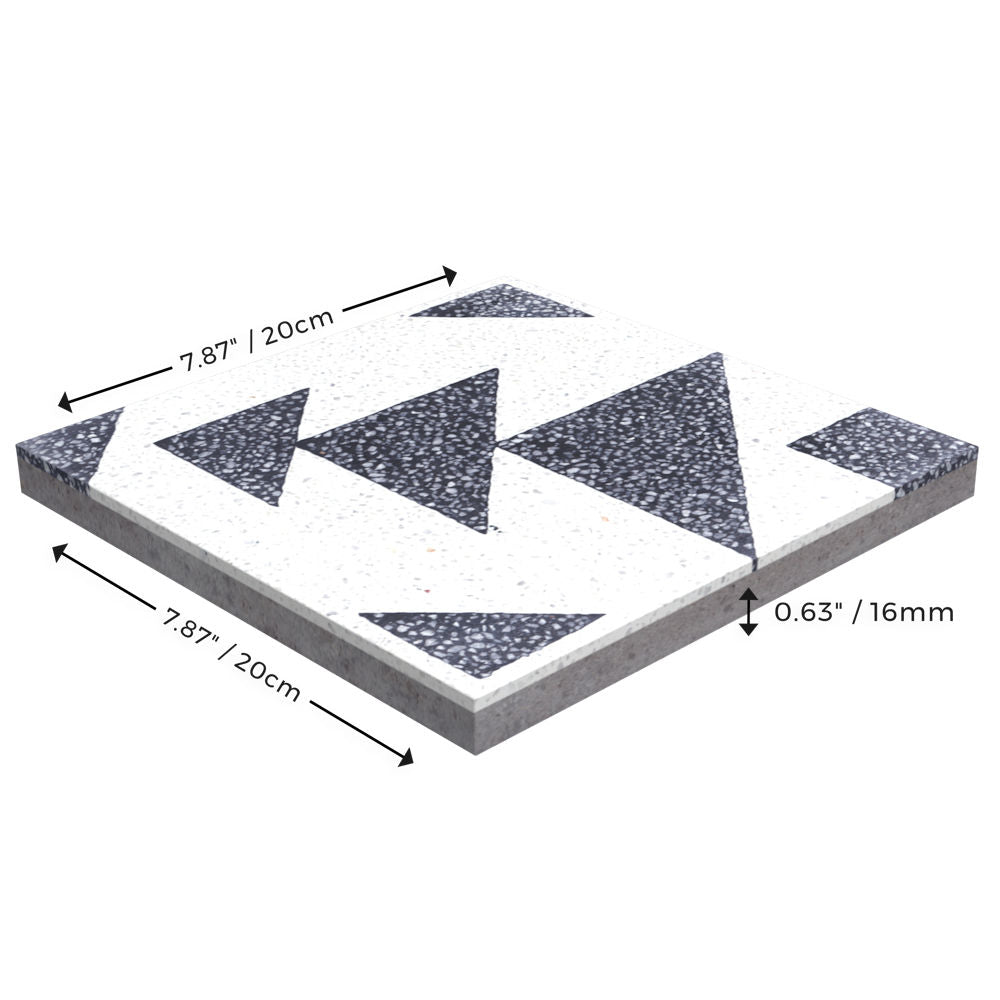 Terrazzo 8x8- Code Talker B sample by New York Cement Tile: black/white triangles, 20x20 cm, 1.6 cm thick.