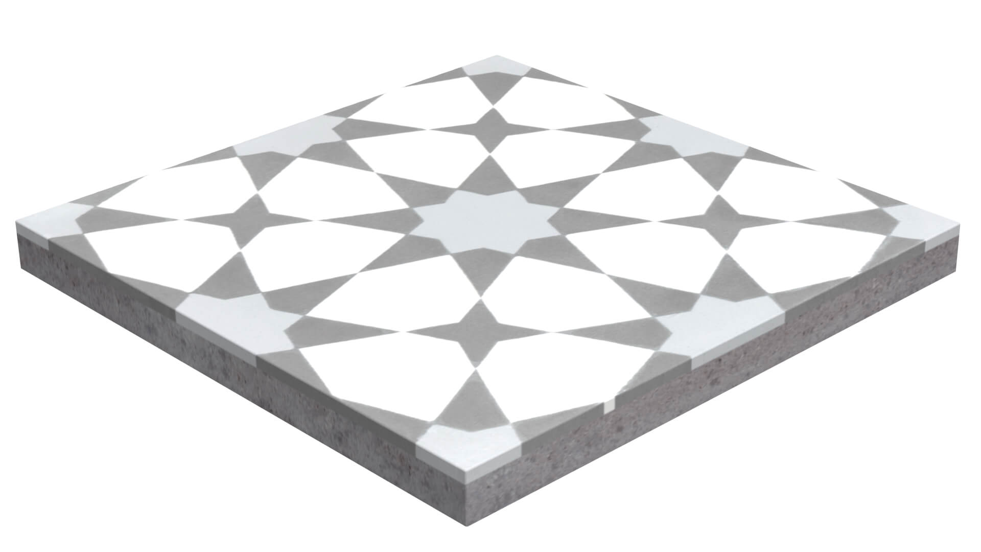 The N20-271 Silver Sample by New York Cement Tile is a square, handcrafted cement tile with a white and gray star pattern.