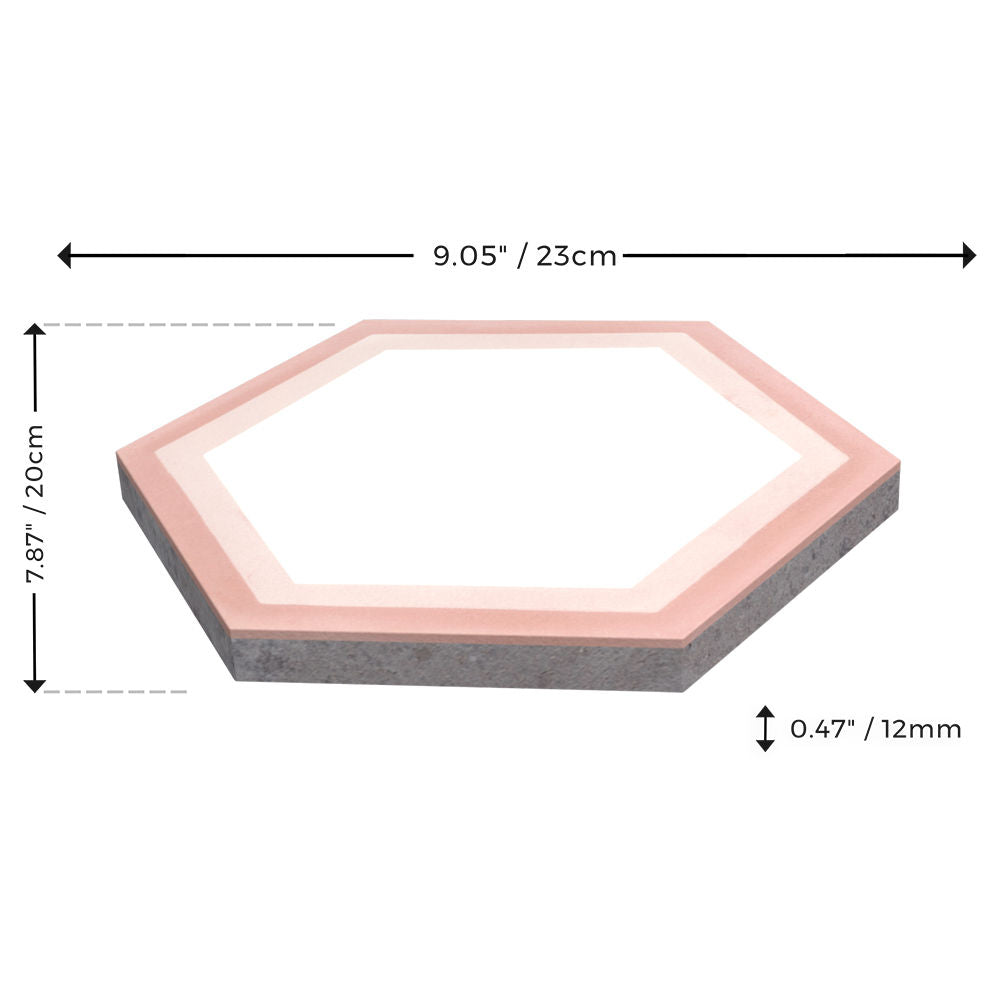 The NH23-004 sample by New York Cement Tile is a hex tile, 9.05" x 7.87" x 0.47", pink and white edges, shown with arrows.