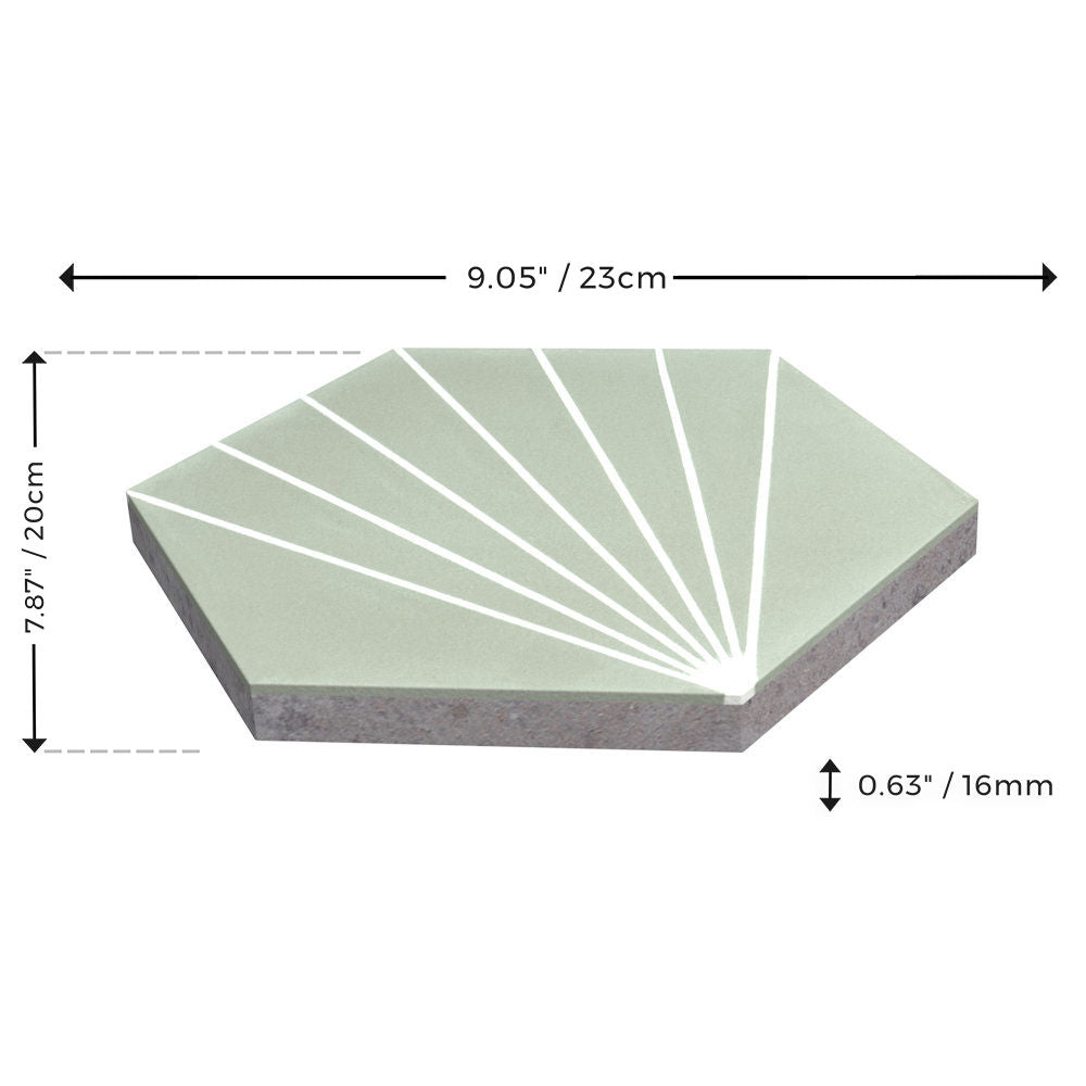 The NH23-036 - 3331 by New York Cement Tile is a handcrafted hexagon cement tile, 9.05"x7.87"x0.63", with white lines.