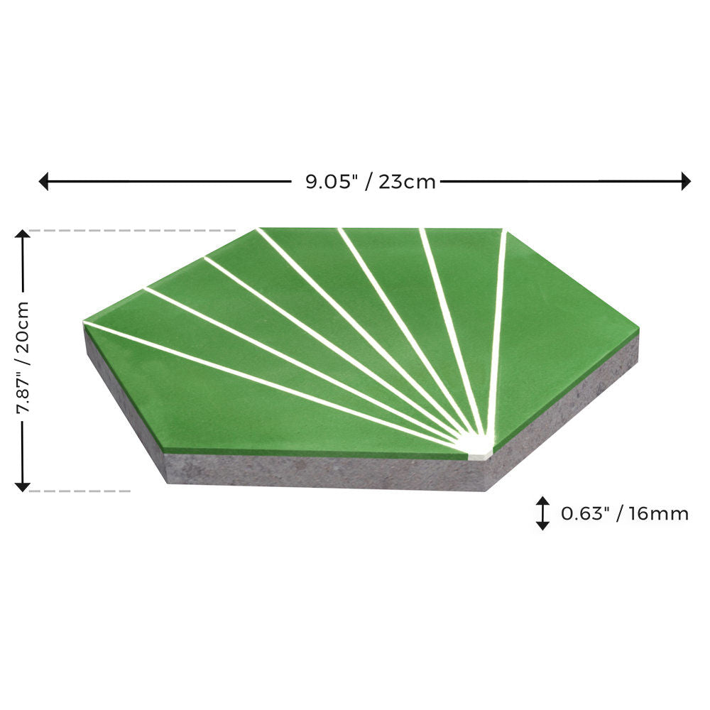 New York Cement Tile NH23-036 - 3305 sample: green hex tile, white fan pattern, 23x20x1.6cm.