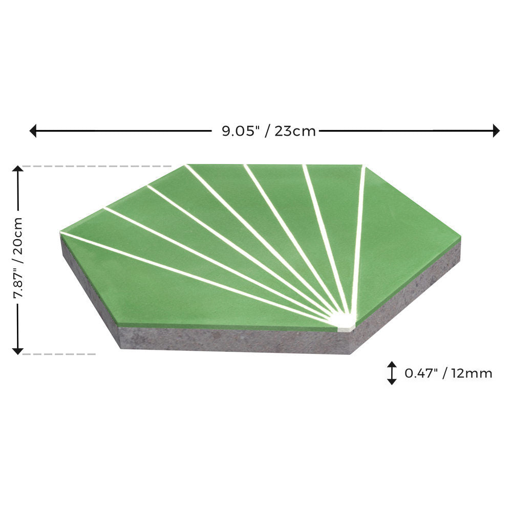 New York Cement Tile NH23-036 - 3305: Green pentagon tile with white lines, 9.05x7.87x0.47 in sample size.