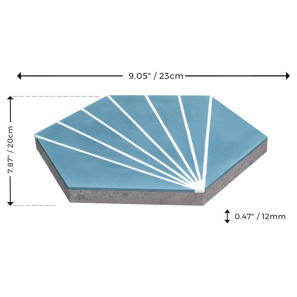 Handcrafted blue hexagon cement tile with white fan pattern, NH23-036 - 4401 by New York Cement Tile, 9.05x7.87x0.47 in.