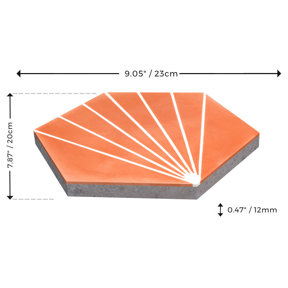 NH23-036 - 7722 sample by New York Cement Tile: hexagonal orange tile, 23x20x1.2 cm, white lines, labeled dimensions.