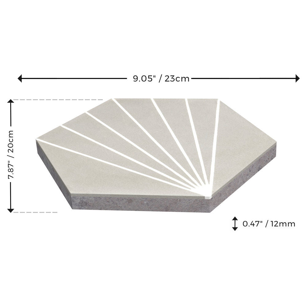 NH23-036 -G&W2219, a pentagon tile by New York Cement Tile (23x20x1.2cm), shown with dimension arrows.