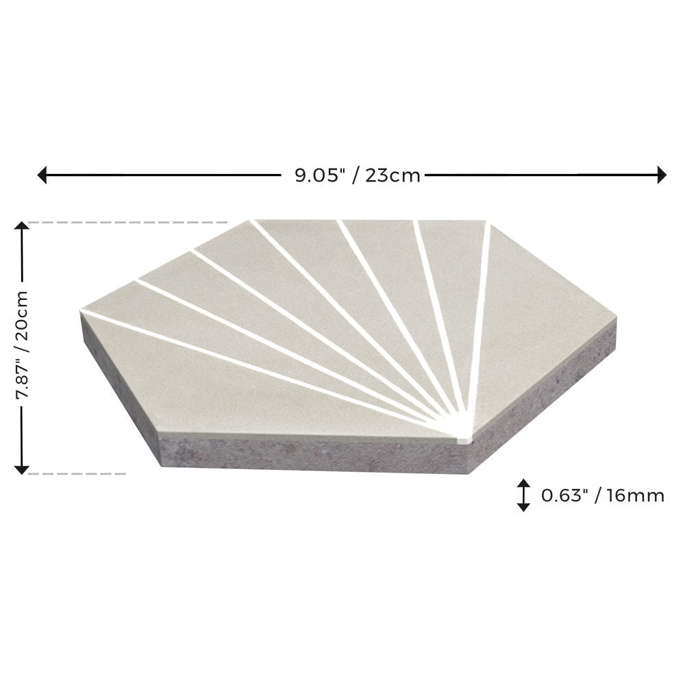 New York Cement Tile NH23-036-G&W2219: Handcrafted hexagon cement tile, 9.05x7.87x0.63", white fan pattern.