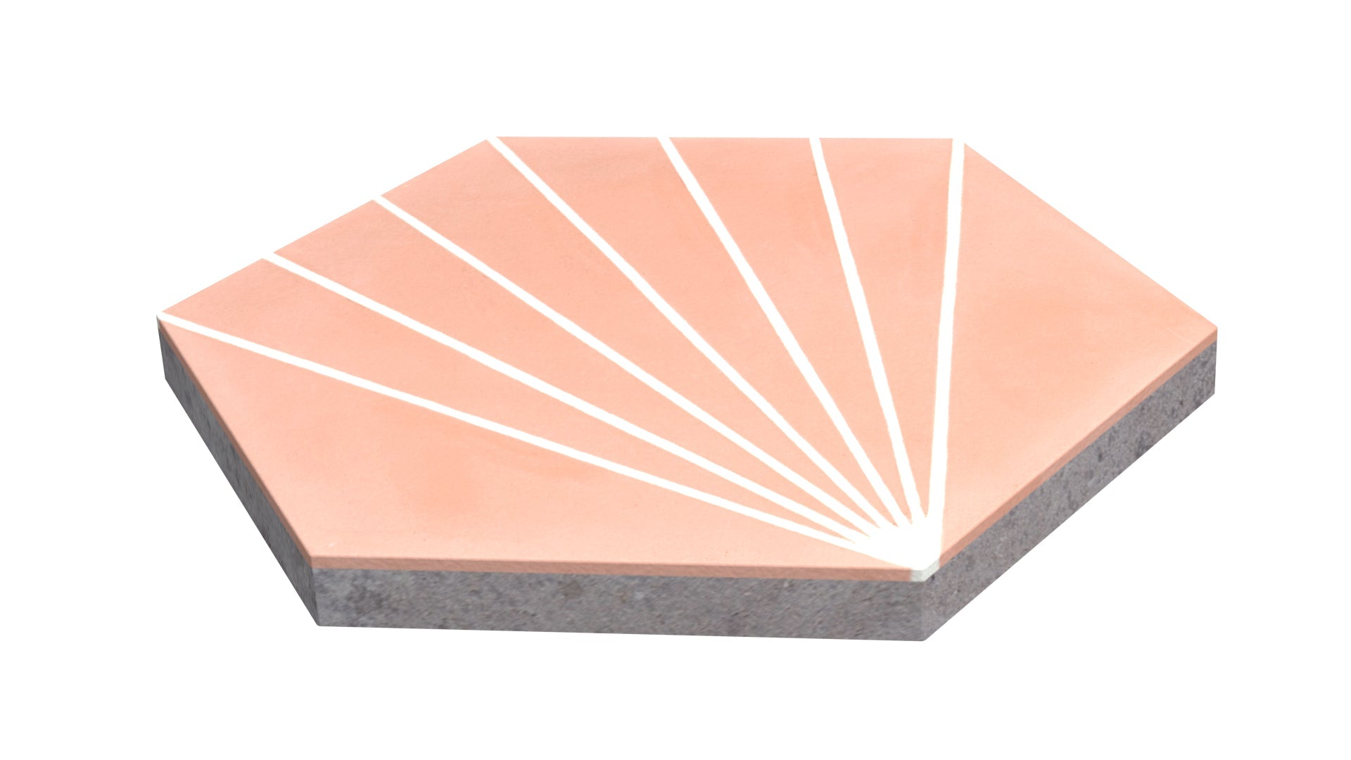 NH23-036 - 5505, Sample by New York Cement Tile: hex tile with peach top, gray sides, and white fan pattern.