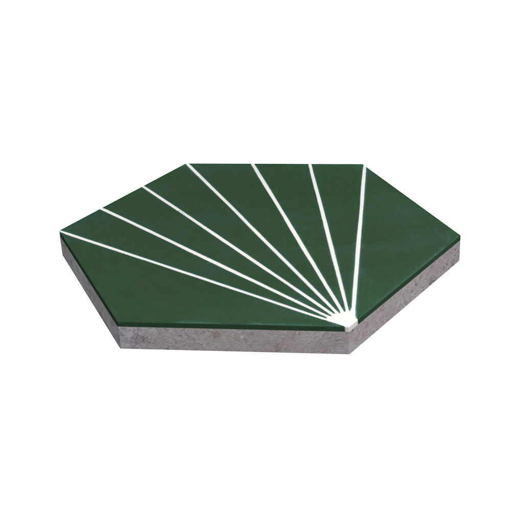 The NH23-036 - 3314 sample by New York Cement Tile is a green hex tile with white radiating lines in a geometric fan pattern.
