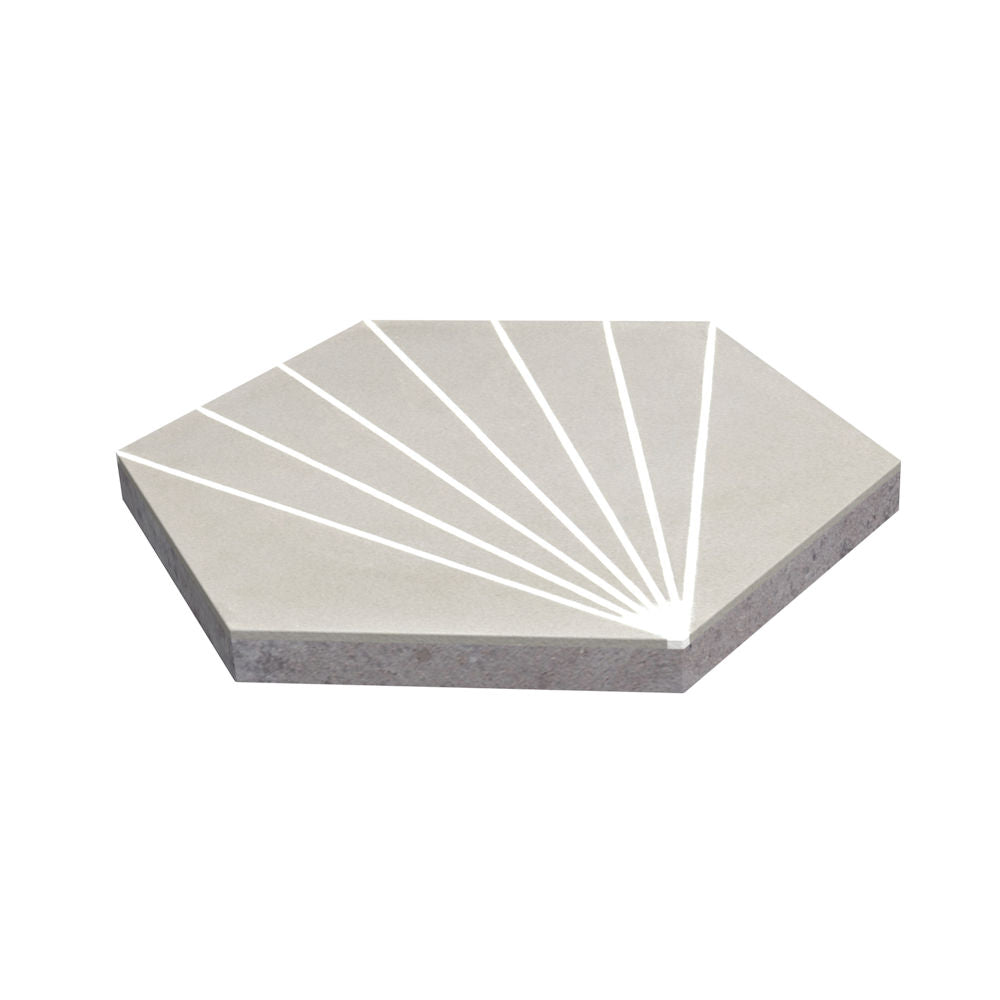 New York Cement Tile NH23-036 -G&W2219: hexagonal, light gray slip-resistant tile with white fan lines for safety.