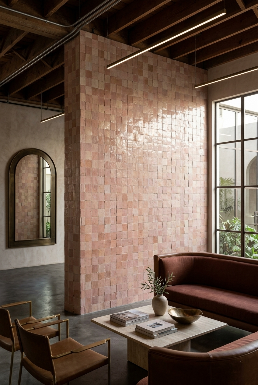 Modern living room with a brick wall, brown sofa, and wooden chairs.