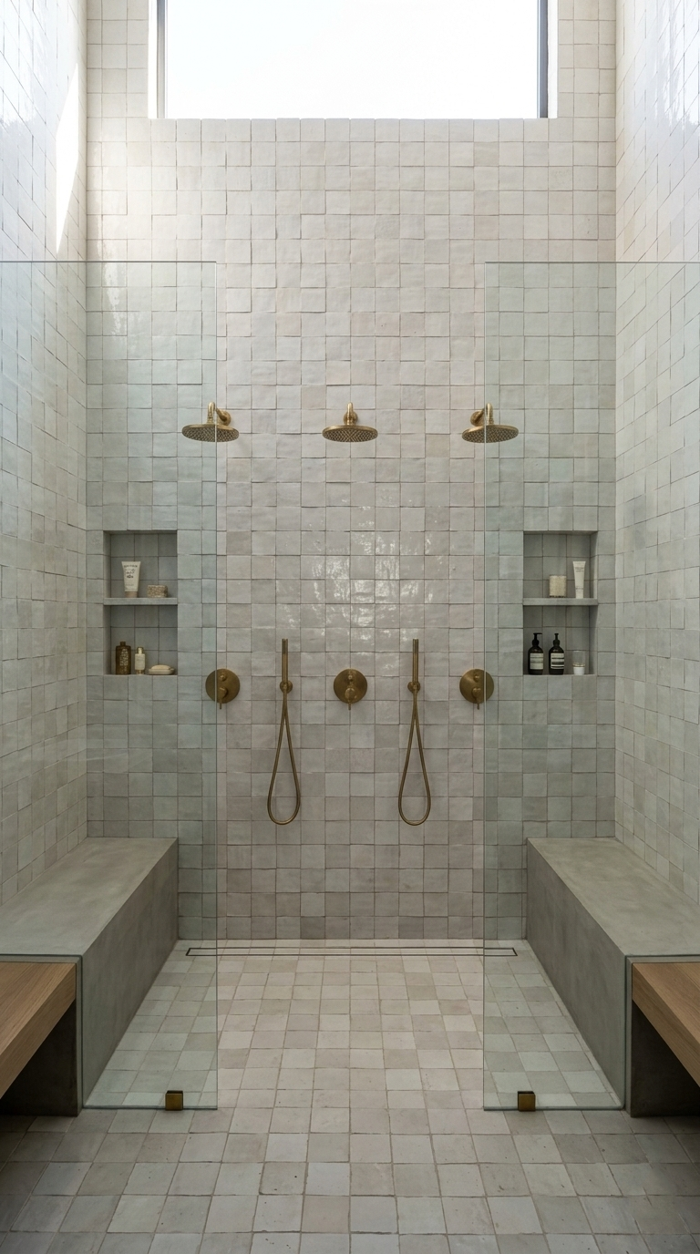 The Pearl Grey walk-in shower by New York Cement Tile features two benches, brass heads, and handcrafted tile shelves.