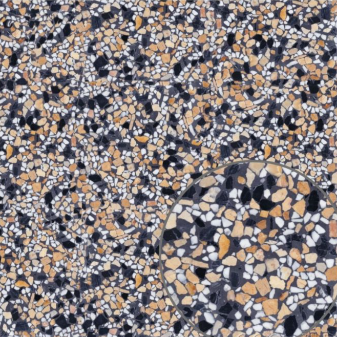 Close-up of New York Cement Tile's TERRAZZO 24X24-Monarch sample shows tan, black, and white marble mosaic chips.