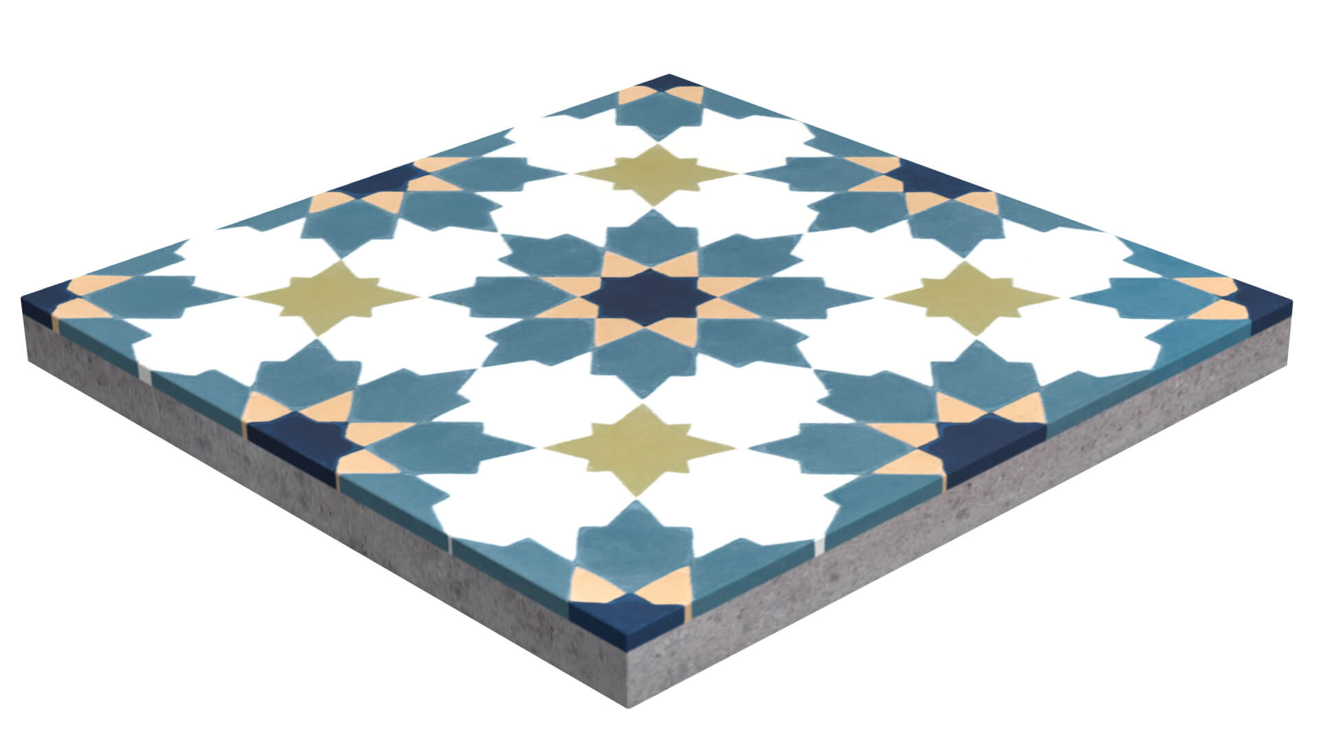 N20-028 Navy Blue sample by New York Cement Tile: geometric star pattern in blue, green, white & tan on gray base.