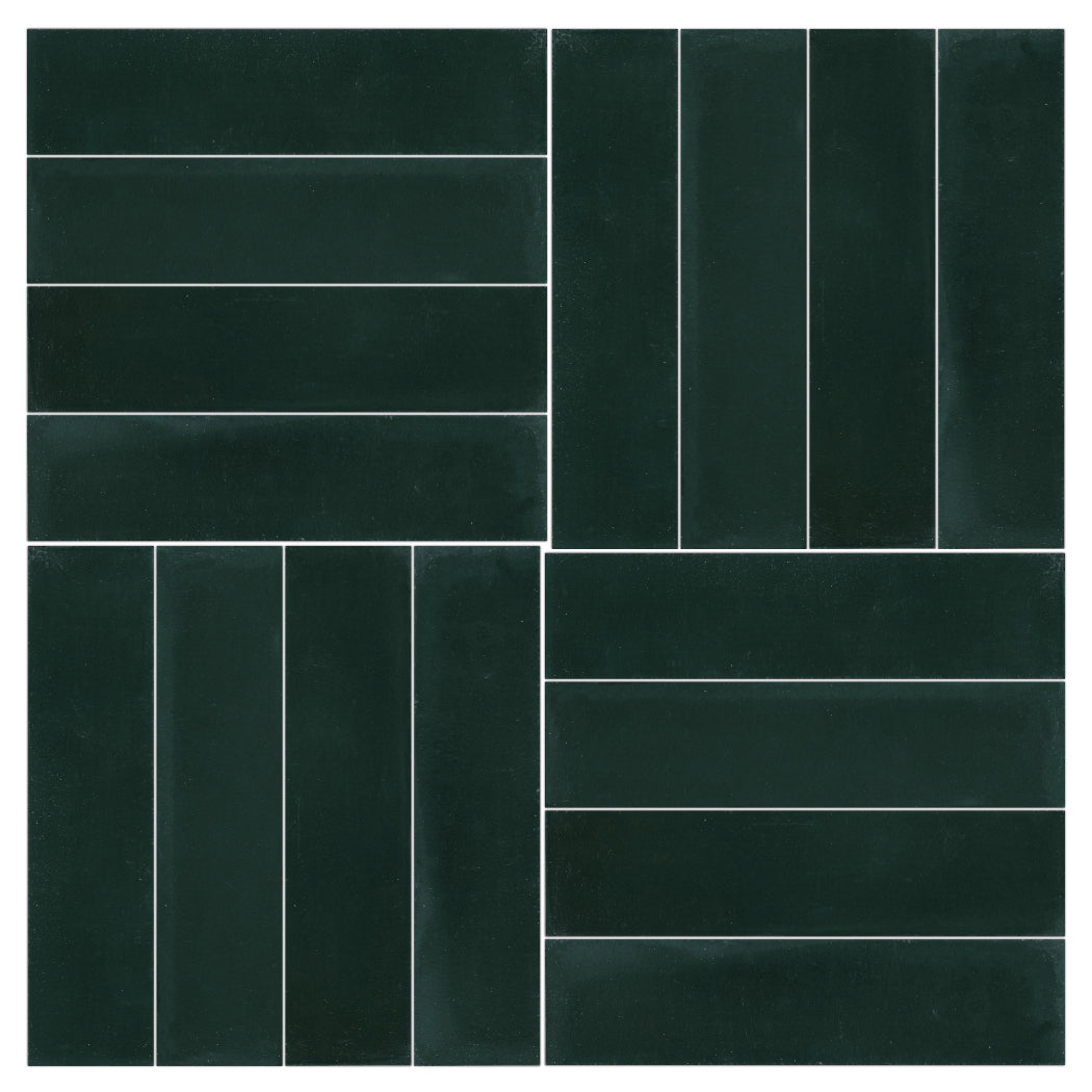 Four sections of New York Cement Tile 2X8 Solid Forest Pine arranged in alternating vertical and horizontal patterns.