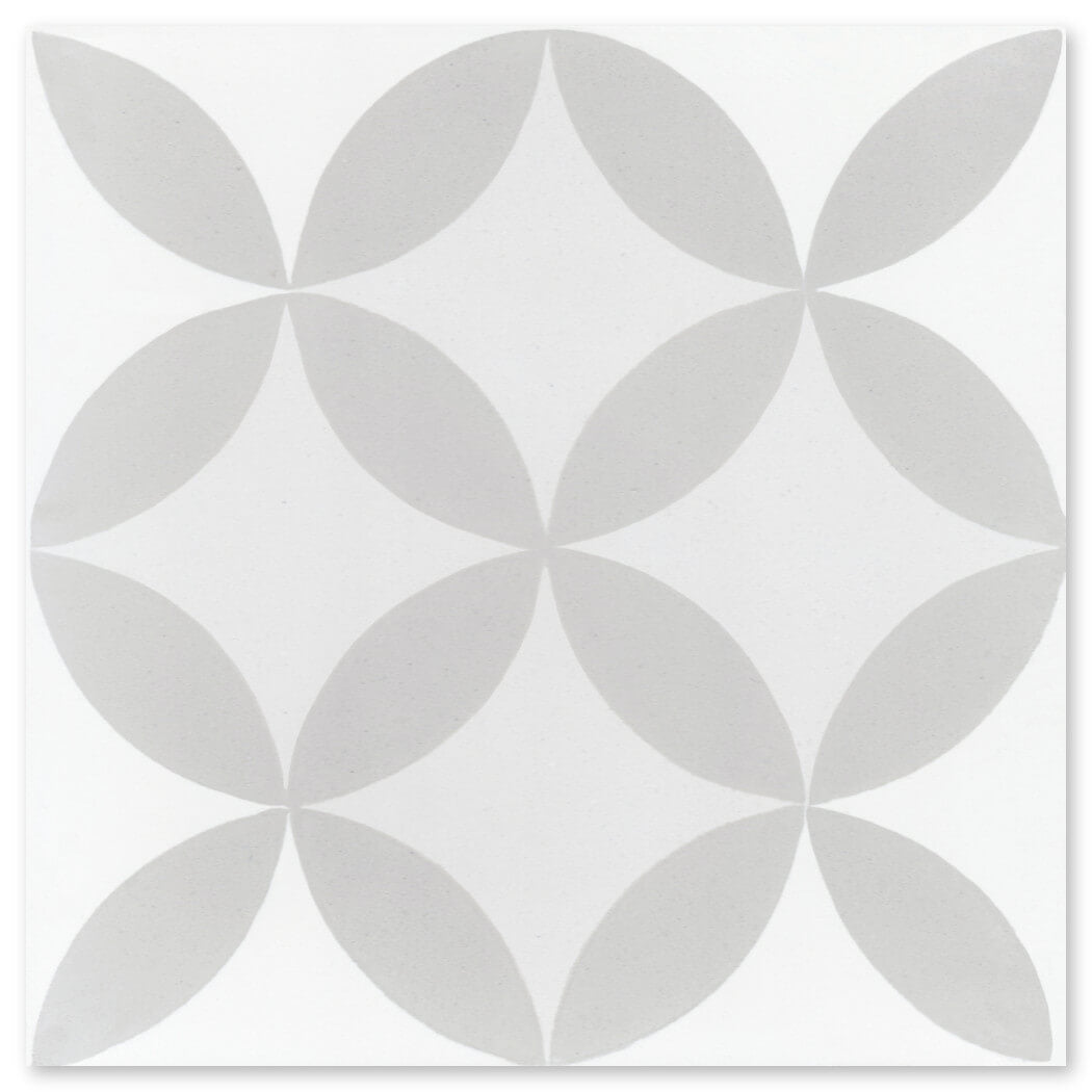 The N20-062 2245/6, Sample by New York Cement Tile features a durable, handcrafted geometric flower pattern in white.