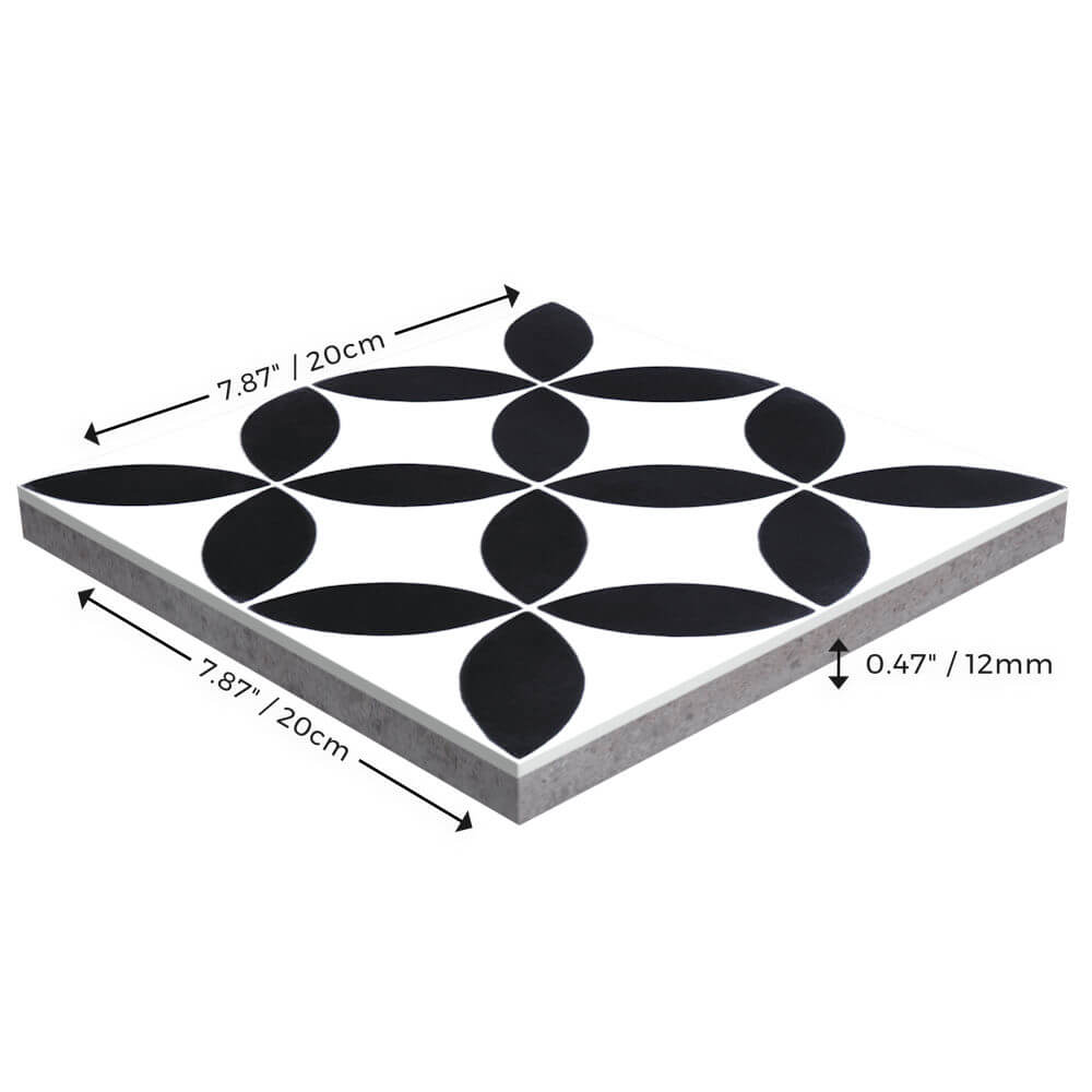The N20-061 White sample by New York Cement Tile is a 20x20x1.2cm cement tile with a black geometric pattern.