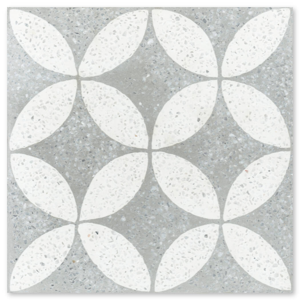 NT20-061 2219 by New York Cement Tile: gray mosaic tile with white petal pattern, ideal for durable flooring.