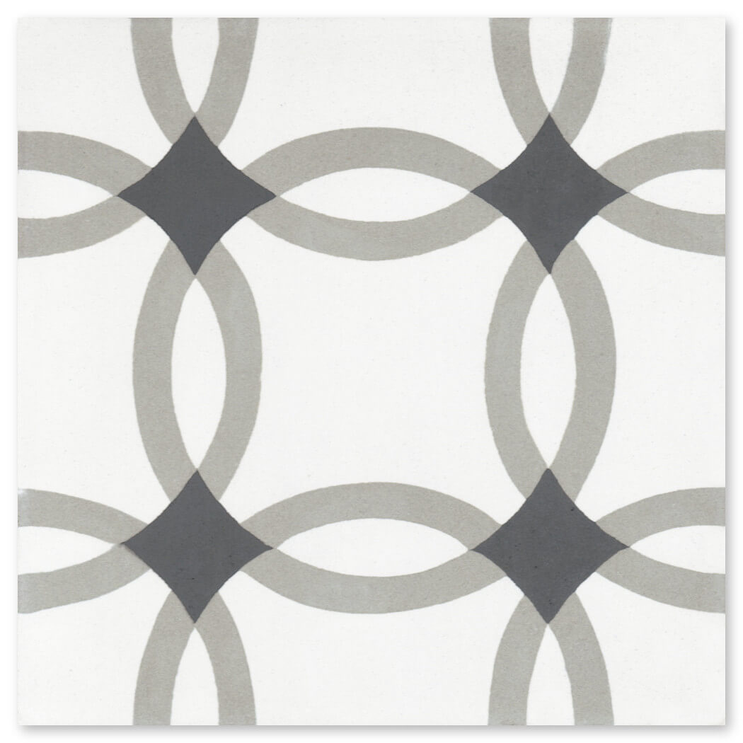 N20-255 Extra Sample by New York Cement Tile: gray and black overlapping rings with a handcrafted tile look on white.
