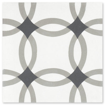 N20-255 Extra Sample by New York Cement Tile: gray and black overlapping rings with a handcrafted tile look on white.
