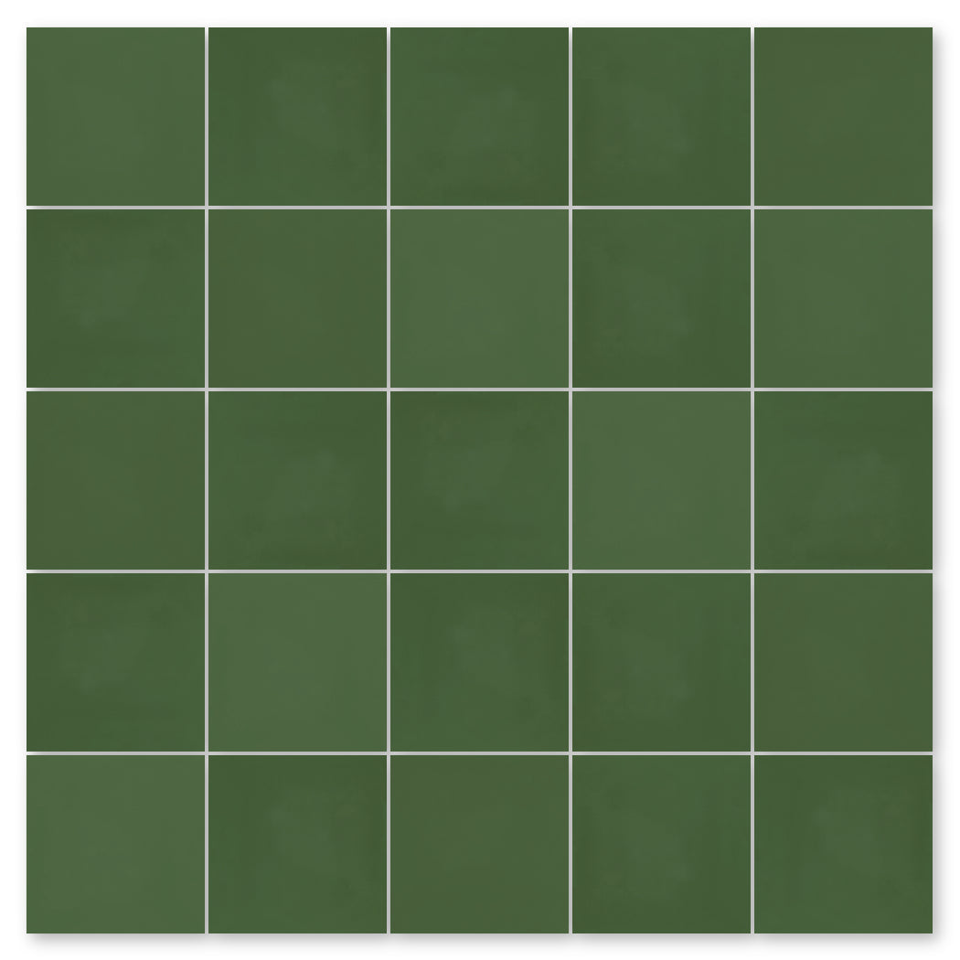A grid of 25 New York Cement Tile 3314-Solid 8x8 tiles in dark green with thin white grout and subtle detailing.