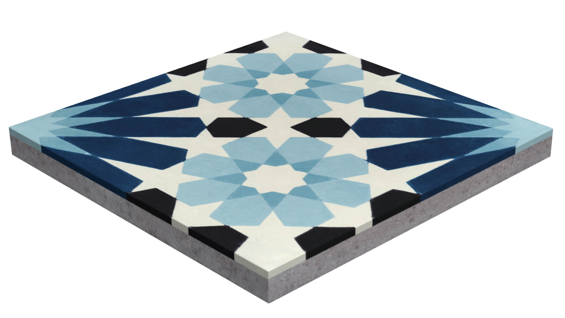 The N20-029 Blue, Sample by New York Cement Tile is a square cement tile with a star-like blue, black, and white design.