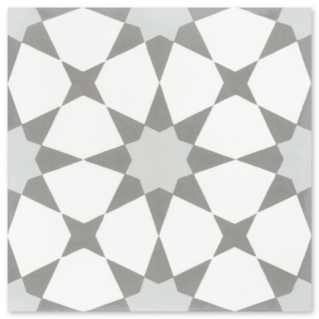 The N20-271 Silver, Extra Sample by New York Cement Tile features white and gray hexagons in a geometric pattern.