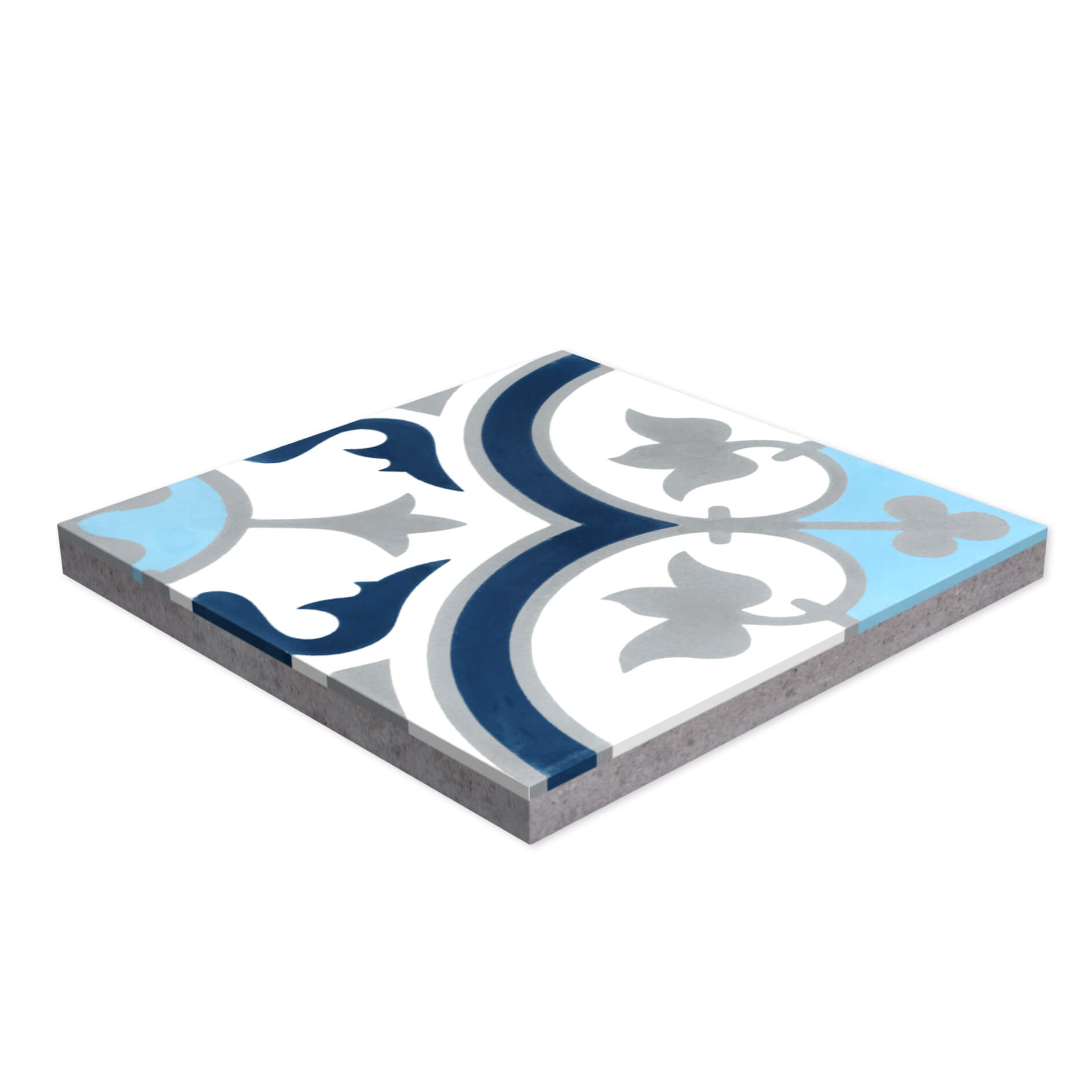 The N20-045 Ice Blue Sample by New York Cement Tile features blue, gray, and white handcrafted-inspired patterns.