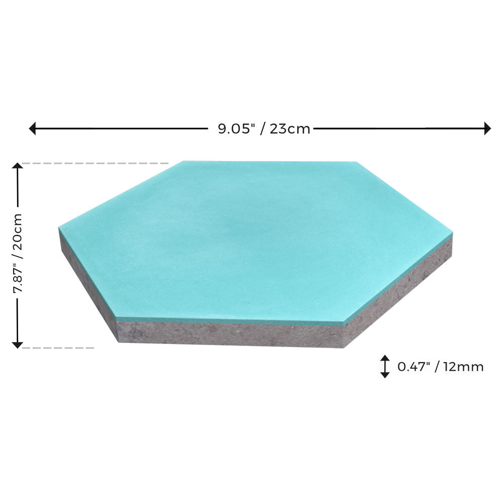 The NH23-4420 Sample by New York Cement Tile is a turquoise hex tile, 23cm wide, 20cm tall, and 12mm thick.