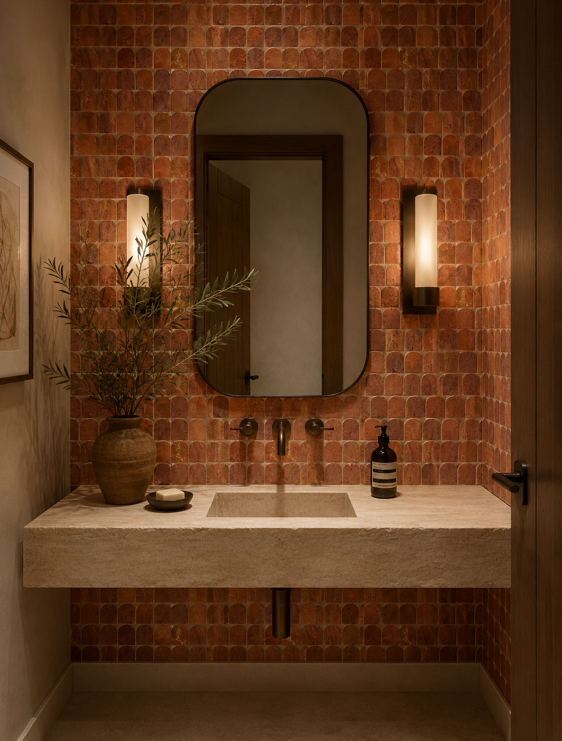 Scarpa I Red Travertine Arch Mosaic Marble Mesh