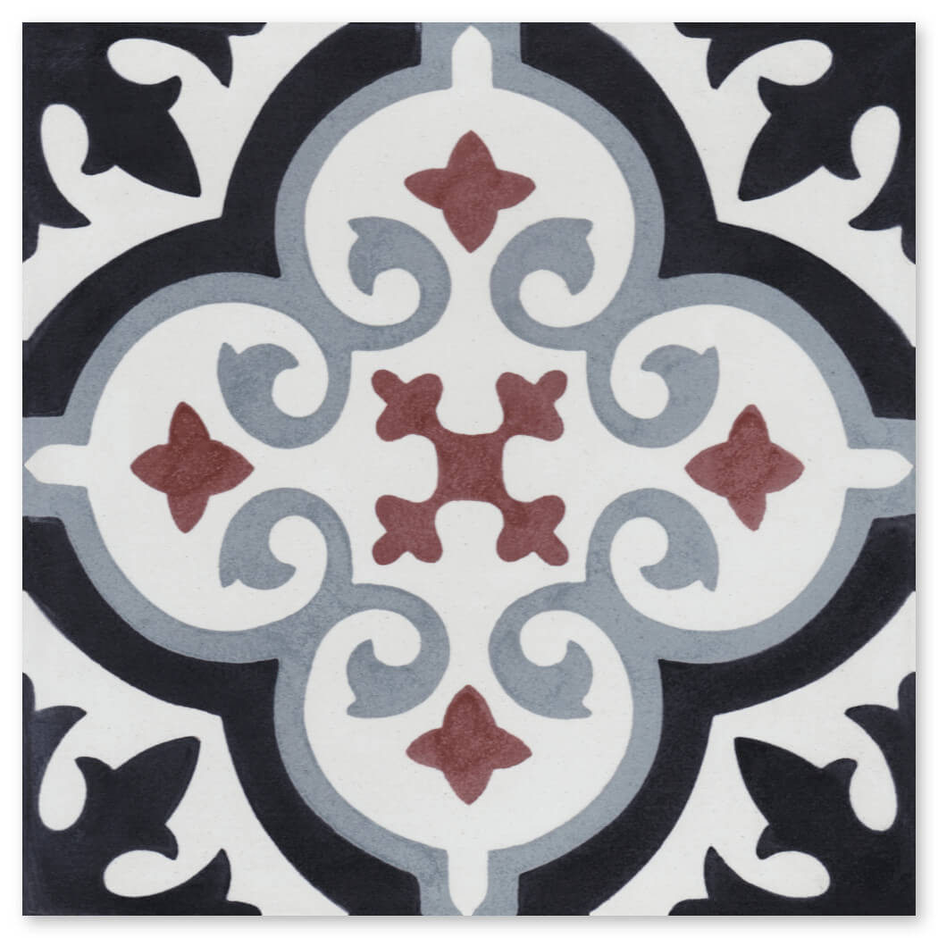 N20-074 Extra Sample by New York Cement Tile: a black, gray, and red symmetrical tile on a white background.