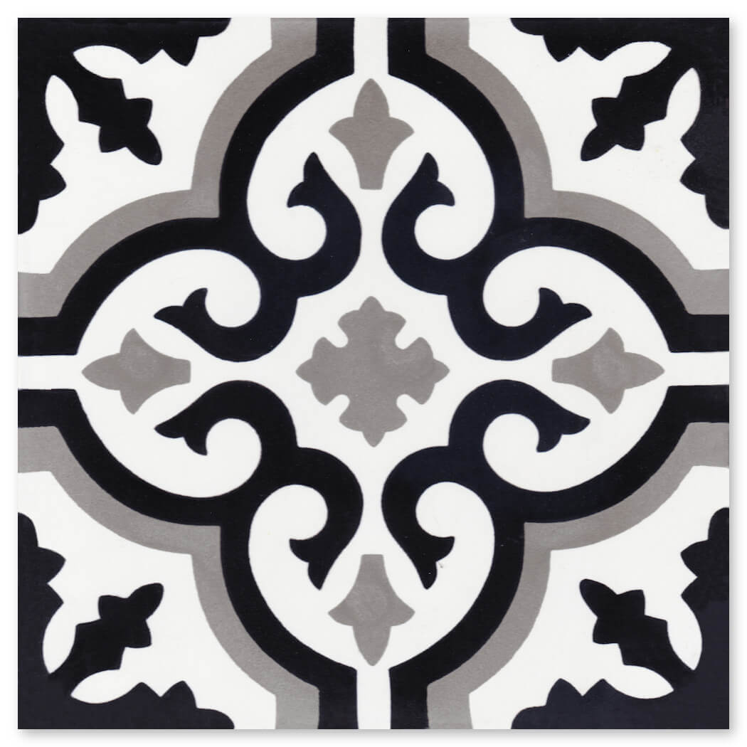 N20-200 Extra Sample by New York Cement Tile: geometric tile in black, gray & white with ornate floral scroll patterns.