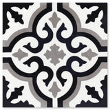 N20-200 Extra Sample by New York Cement Tile: geometric tile in black, gray & white with ornate floral scroll patterns.