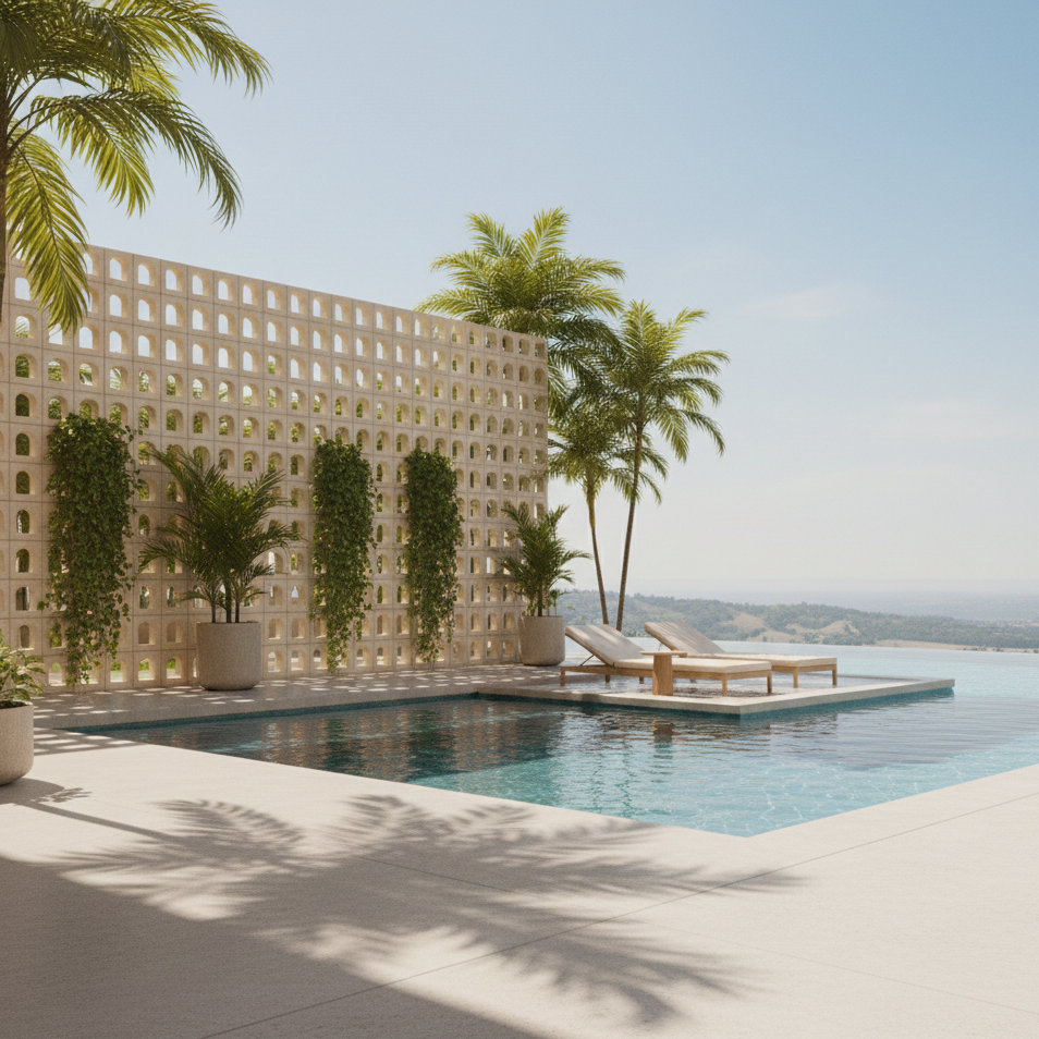 Modern pool area with lounge chairs, plants, and a geometric wall.