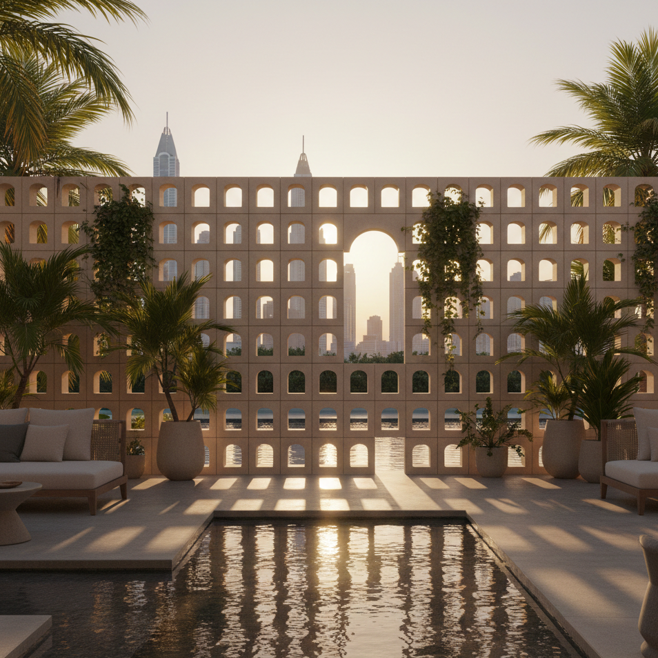 Modern outdoor setting with a pool, lounge chairs, and palm trees in front of a large architectural structure.