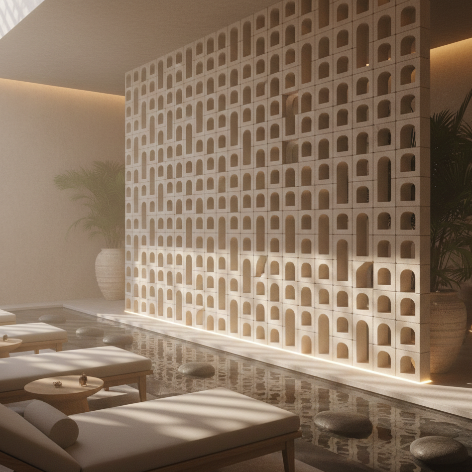 Modern indoor pool area with lounge chairs and decorative wall.