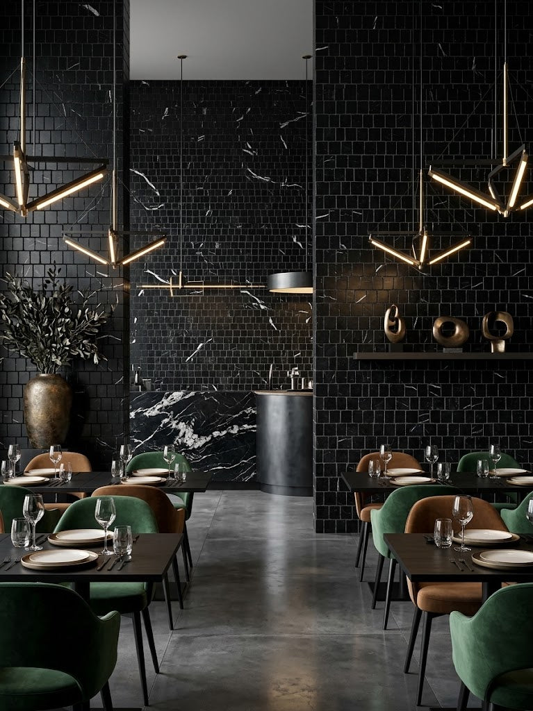 A modern restaurant interior with black tiled walls, geometric pendant lights, dark wood tables, and green and brown upholstered chairs. The space is dimly lit with warm light from the hanging fixtures.