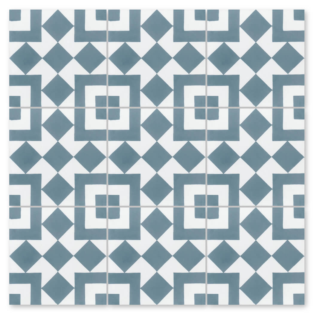 N20-217 by New York Cement Tile features blue and white geometric tiles with repeating squares and diamond patterns.